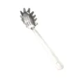 Detail view of the stainless steel pasta server featuring slotted bowl and hanging hole handle. - Pink Paw