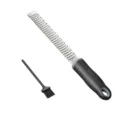 Stainless steel cheese grater and lemon zester with ergonomic black handle and cleaning brush. - Heart Grater / Black