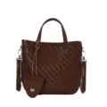 Sac seau tressé marron pour femme, sac bandoulière élégant en cuir avec petite pochette. - Marron