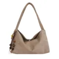 Retro braune Wildleder Hobo Schultertasche mit Holzperlen Anhänger für Damen Alltag - Ohne Anhänger / Hellbeige