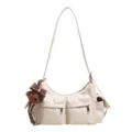 Stylish white hobo shoulder bag with multiple pockets and cute bear pendant for women. - No Pendant / White