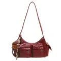Burgundy multi-pocket shoulder bag, stylish casual crossbody tote with cute bear pendant. - No Pendant / Red