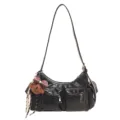 Black multi-pocket shoulder bag with cute bear pendant, stylish casual crossbody bag. - No Pendant / Black