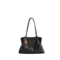 Black slouchy shoulder bag for women, premium PU leather tote with chic wooden pendant charm. - Black