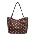 Fashion brown polka dot tote bag for women, large capacity stylish casual shoulder bag. - Coffee