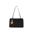 Black suede underarm shoulder bag for women, retro tote with chic wood bead decoration. - Black
