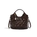 Dark brown quilted hobo shoulder bag with metal chain strap and turn lock closure. - No Pendant / Coffee
