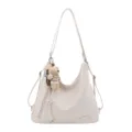 Beige Große Kapazität Hobo Umhängetasche mit Süßem Bär Anhänger PU Leder Handtasche - Ohne Anhänger / Gebrochenes Weiß