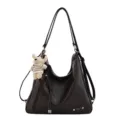 Large capacity women shoulder bag, multi-use PU leather fashion backpack with cute bear pendant. - Coffee