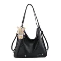 Women's black PU leather convertible shoulder bag backpack with cute bear pendant. - Black