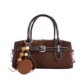 Dunkelbraune Veloursleder Boston Umhängetasche lässige Vintage Kissen Handtasche Damen - Ohne Anhänger / Kaffeebraun