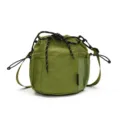 Green nylon bucket crossbody bag with drawstring closure and side mesh pocket for casual daily use. - Fruit Green