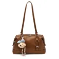 Stylish brown retro shoulder bag for women, large capacity commute underarm bag with cute bear. - Brown