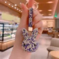 Porte-clés lapin en strass brillant pendentif cristal mignon sac femme accessoire cadeau - Bleu Mélangé