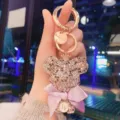 Rhinestone bear keychain with purple bow letter W charm metal key ring for women gifts - Mixed Purple