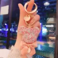 Rhinestone bear keychain with pink bow and letter pendant sparkling crystal bag charm gift for women - Mixed Pink
