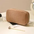 Corduroy cosmetic bag brown portable makeup organizer zipper pouch for travel daily use - Brown
