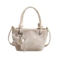 Beige Mode Eimer Tasche PU Leder Handtasche Umhängetasche mit Perlen Schleife Anhänger - Mit Anhänger / Weiß