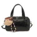 Black patent leather Boston bag with cute plush bear charm, stylish top handle cross body bag. - Black without Pendant