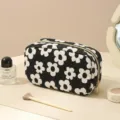 Minimalist black and white corduroy cosmetic bag, large capacity travel makeup pouch for women. - White Black Floral