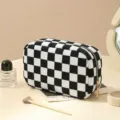 Black and white checkerboard corduroy cosmetic bag, portable zipper makeup pouch for travel. - Checkered