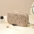 Beige corduroy cosmetic bag with floral print, portable travel makeup storage pouch. - Brown Floral Monogram