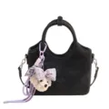 Eleganter schwarzer Beutel mit süßem Plüschhund-Anhänger, modische PU-Leder Handtasche. - Schwarz Mit Anhänger