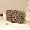 Corduroy Cosmetic Bag Brown Leopard Print Travel Makeup Pouch Portable Toiletry Organizer - Leopard Brown