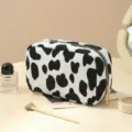 Corduroy Cosmetic Bag Black White Cow Print Travel Makeup Pouch Zipper Toiletry Bag - Black and White Cow