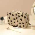 Beige corduroy cosmetic bag with chic black hearts, large capacity travel makeup pouch. - Heart Brown