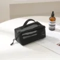 Zwarte mesh cosmetische tas, draagbare reismake-up opbergtas met handvat en handige ritssluiting - Kleine Maat (18x9x9cm) / Zwart