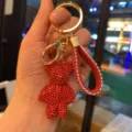 Red rhinestone bear keychain for women, cute luxury crystal car key ring bag charm. - Red
