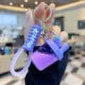 Cute purple liquid quicksand cup keychain with rabbit silicone strap, perfect bag pendant gift. - Milk Tea Cup - Grape