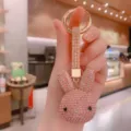 Rhinestone rabbit keychain, sparkling crystal bunny car key ring, cute women jewelry accessory. - Pink