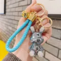 Metal electroplated rhinestone rabbit keychain with blue braided strap for women bag pendant - Blue
