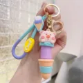 Cute cartoon pig ice cream telescopic keychain bag charm, silicone material with metal ring. - Telescopic Ice Cream Animal - Pink Pig