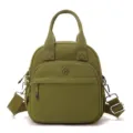 Mochila bandolera pequeña de nylon verde, bolso casual elegante con asa y bolsillos. - Verde Oliva