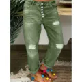 Jean femme taille haute multi-boutons stretch déchiré pantalon denim mode chic - XL / Vert