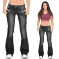 Damen niedrig Bund Schlaghose Slim Fit gewaschen Denim Hose dunkelgrau Freizeithose - XS / Schwarz