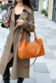 Brown leather shoulder bag detail shot, minimalist commuter tote bag with large capacity. - 37x10x21cm / Brown