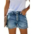 Short en jean taille haute pour femme, multipoutons, déchiré, ourlet roulé, été décontracté - XS / Bleu