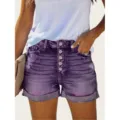 Short en denim violet pour femme multi-boutons dechire taille haute ourlet retrousse - XS / Violet