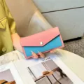 Colorblock long wallet for women fashion leather zip purse with large capacity details - Pink and Blue