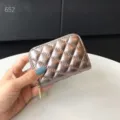 Quilted leather zip coin purse and card holder for women, compact accordion daily style. - Silver