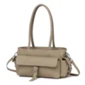 Genuine leather women shoulder handbag with top handles and front pocket detail. - Length 34x18x13cm / Gray