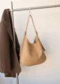 Minimalist leather shoulder bag, casual slouchy hobo tote for women, elegant daily carry. - Apricot