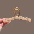 Korean floral pearl hair claw clip in beige rose style elegant fashion hair accessory - Pink Pearl Rose Rhinestone Clip (Cross) / 11cm