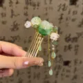 Traditional Chinese style green jade flower golden hair comb with elegant tassel hair accessories - Gold / Green Lotus Pearl Tassel Hair Comb