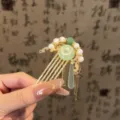 New Chinese style gold hair comb with green jade flower, pearls and droplet tassel pendant. - Gold / Celadon Jade Ring Tassel Hair Comb