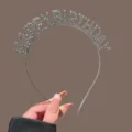 Sparkly Rhinestone Happy Birthday Letter Headband Silver Alloy Party Hair Hoop Prop - Happy Birthday Letter Style / Silver